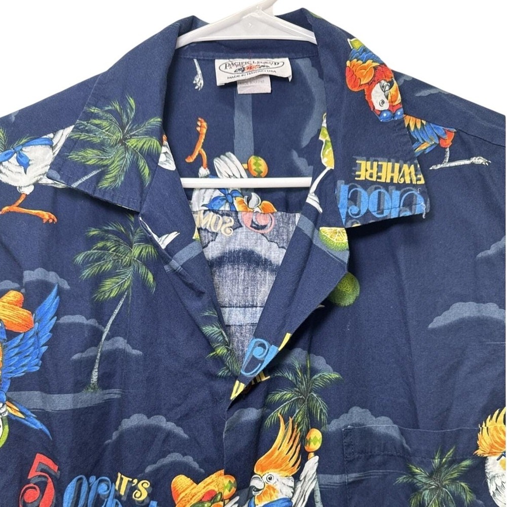 Pacific Legend Button Up Mens XL‎ Navy Its 5 Oclock Somewhere Parrot Tropical